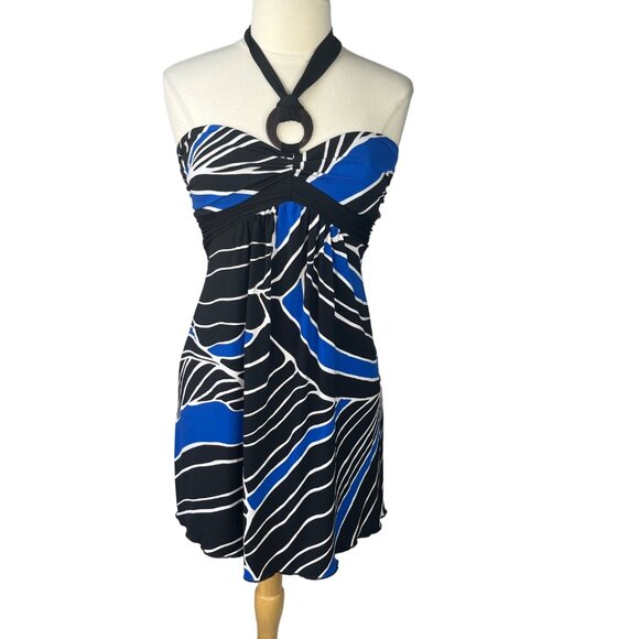 La Belle Halter Dress Womens Small Blue Black Short Padded Summer - Picture 1 of 8